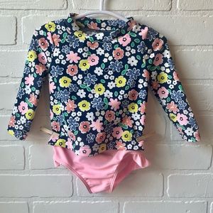 6 mo Two Piece Swimsuit Navy Blue w/ Floral Design Top & Pink Bottoms Carter’s